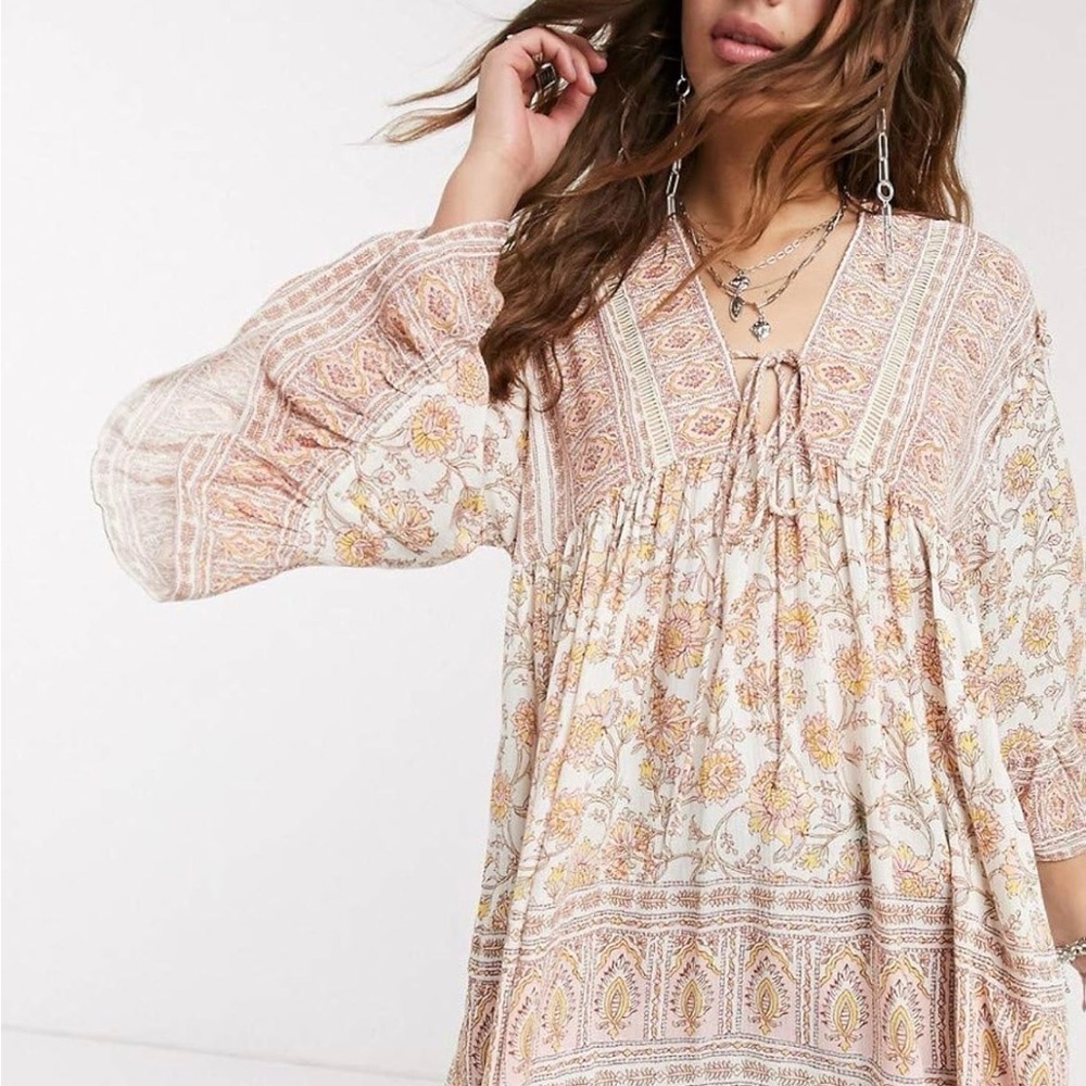 Free People Cream and Light Pink Floral Boho Blouse